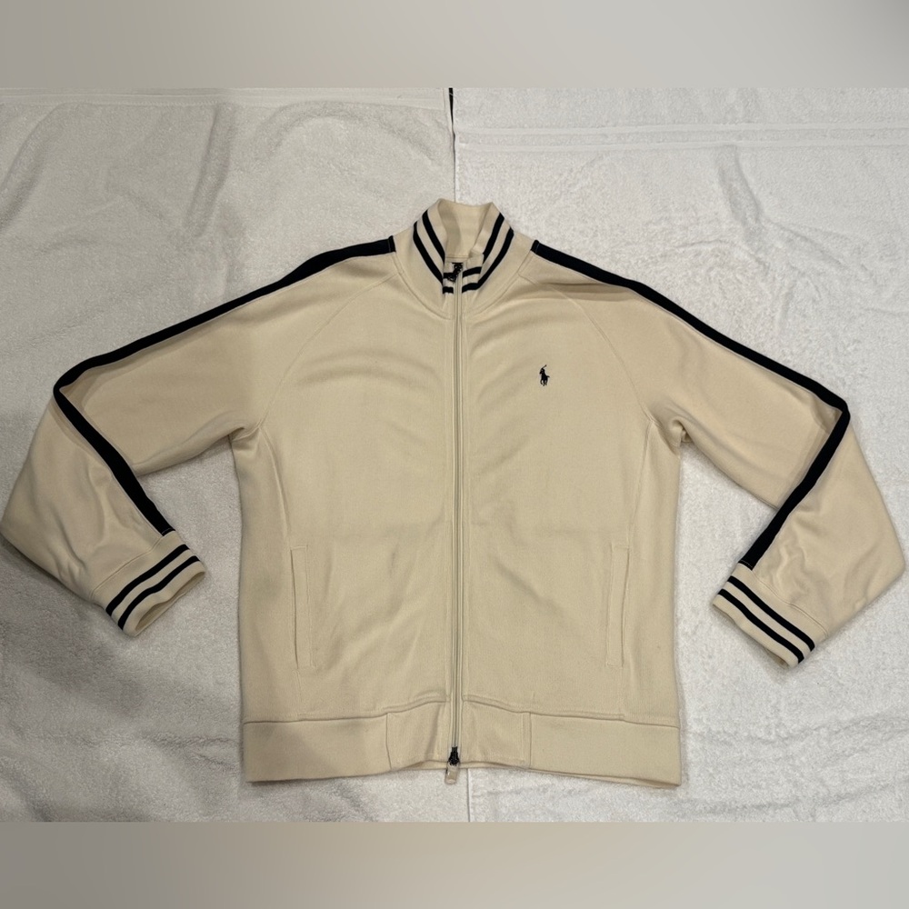 NWOT Vintage Mens Polo Ralph Lauren Cream Knit Track Jacket Full Zip, Sz Large